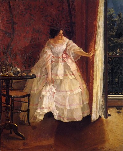 Dama en una ventana alimentando pájaros de Alfred Emile Stevens